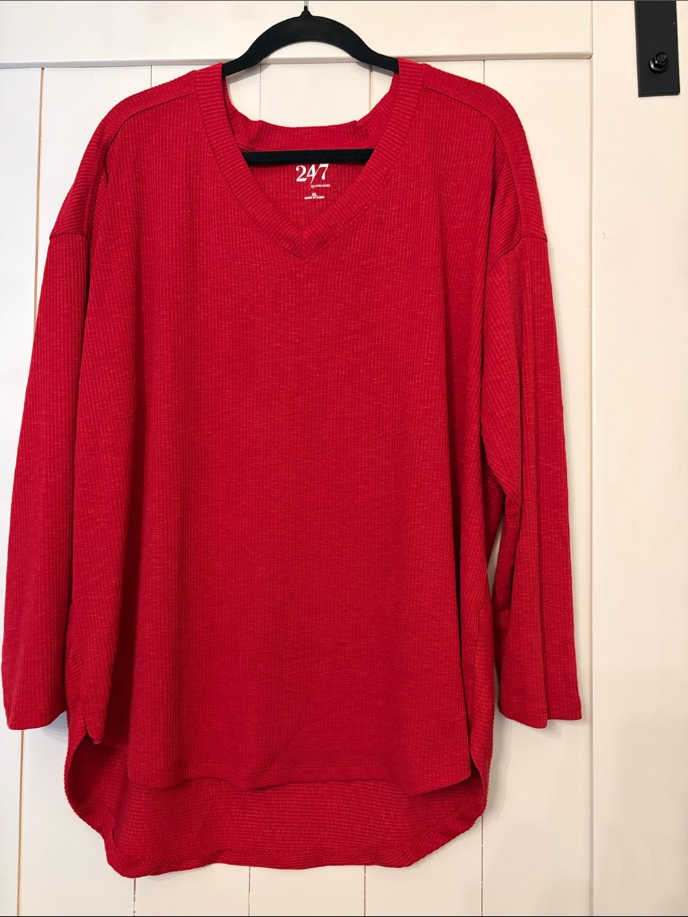 247 Women’s Red V-Neck Waffle Knit Pullover Hoodie